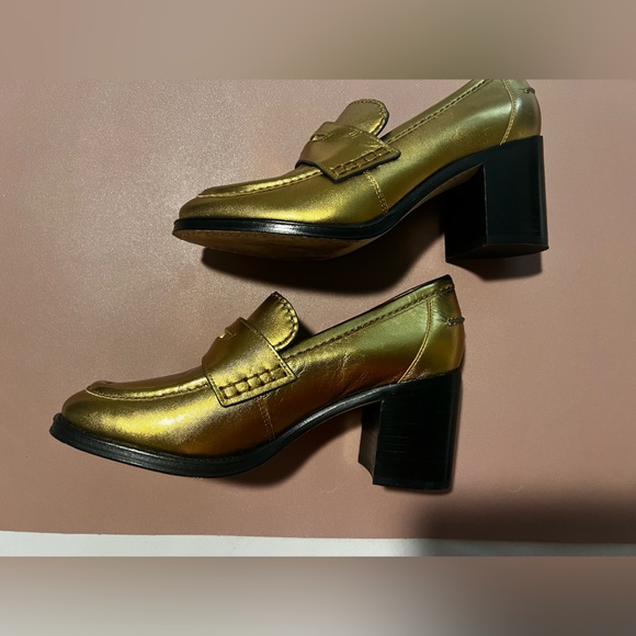 Veronica Beard Penny Loafer Block Heel Pump Metallic Dark Gold Leather SZ 7 - Picture 6 of 7